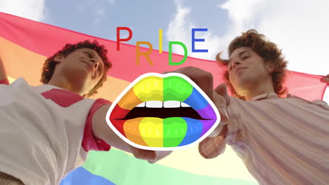 holding hands under rainbow flag, two people with pride text and rainbow lips animation