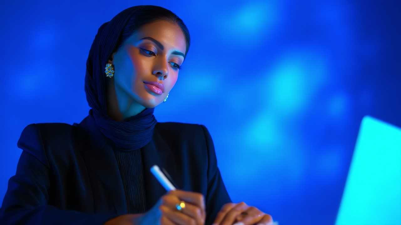 A focused woman, dressed in a sleek black outfit and a hijab, diligently writes notes in a dimly lit blue environment, showcasing creativity and concentration during her work