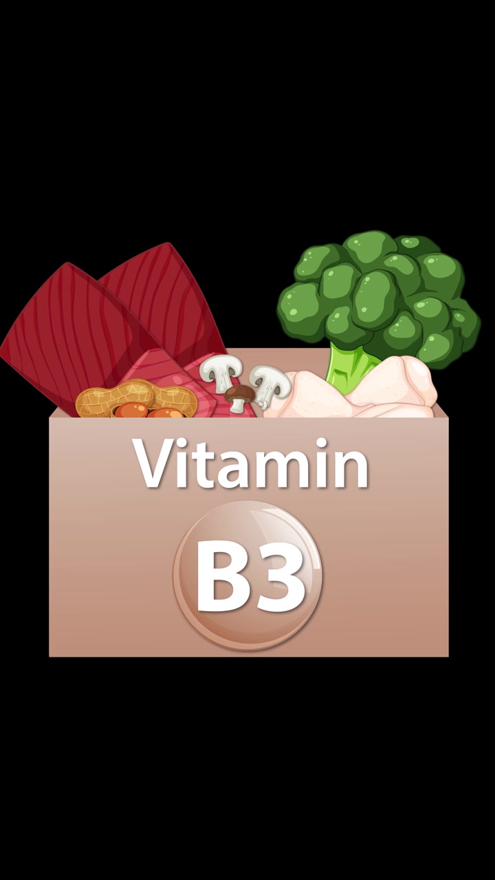 Box labeled Vitamin B3 opens, revealing assorted vegetables, nuts, and mushrooms on black background