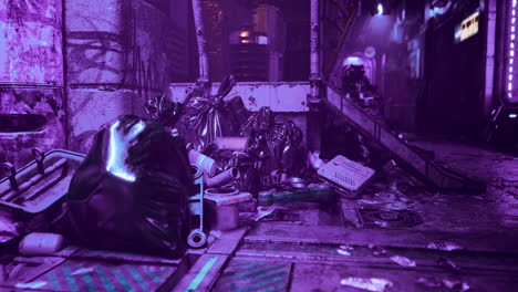 Urban alley filled with trash and neon lights during the night