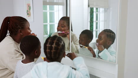 mom, children and brushing teeth at mirror