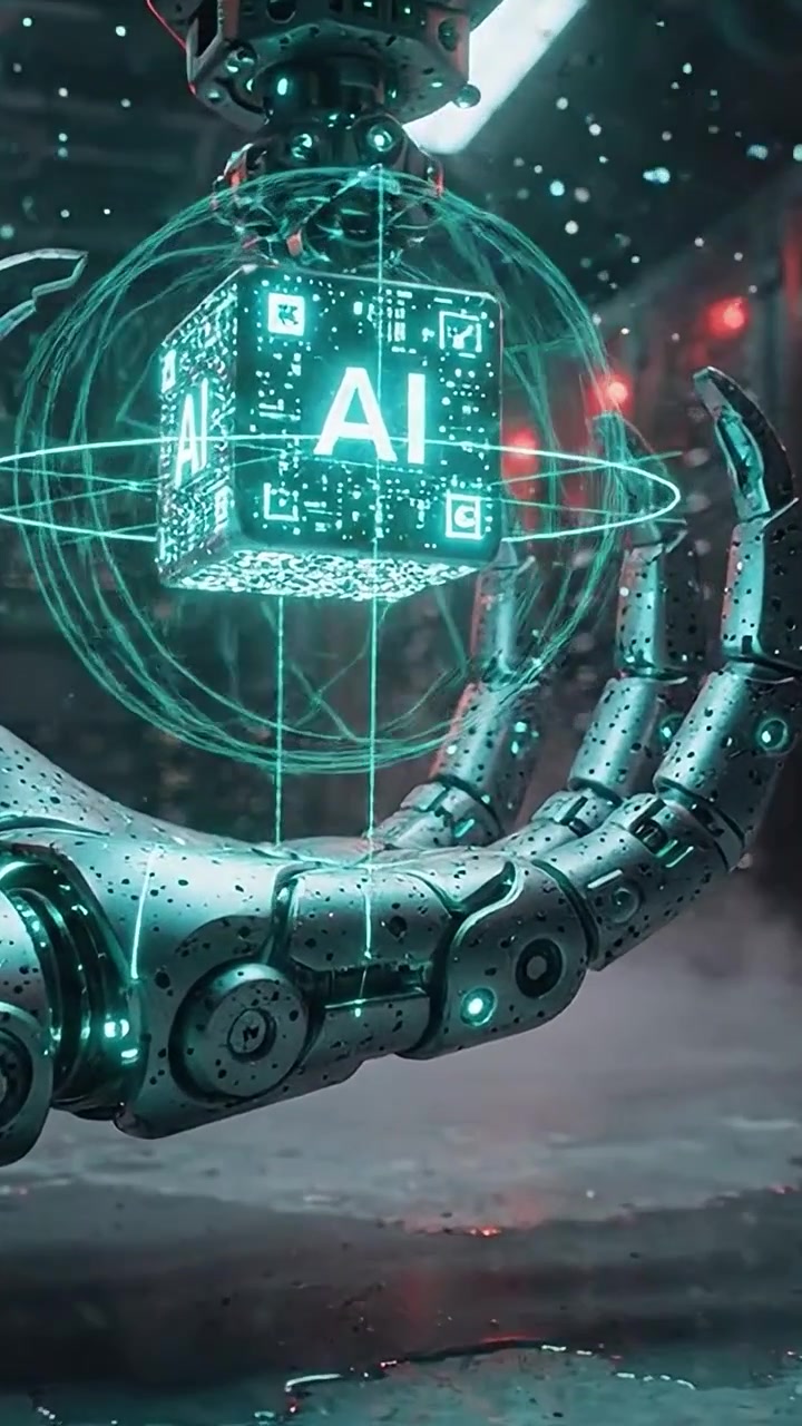 High-Tech Robotic Arm Interacting with a Futuristic AI Cube in a Dynamic Data Center Environment, Showcasing Advanced Technology and Innovation in Robotics