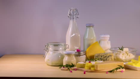 various dairy items arranged neatly on a table