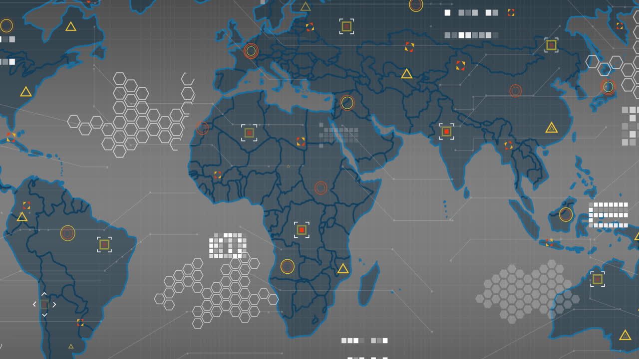 Animation of world map and data processing against grey background
