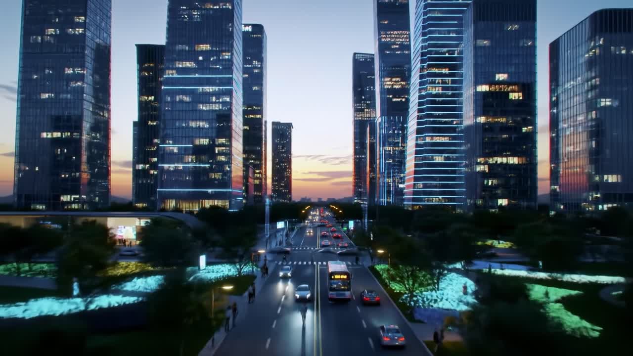 Stunning dusk view of a modern city skyline with glowing skyscrapers and busy streets. Cars navigate through the roads while vibrant lights illuminate green spaces, creating a lively urban atmosphere.