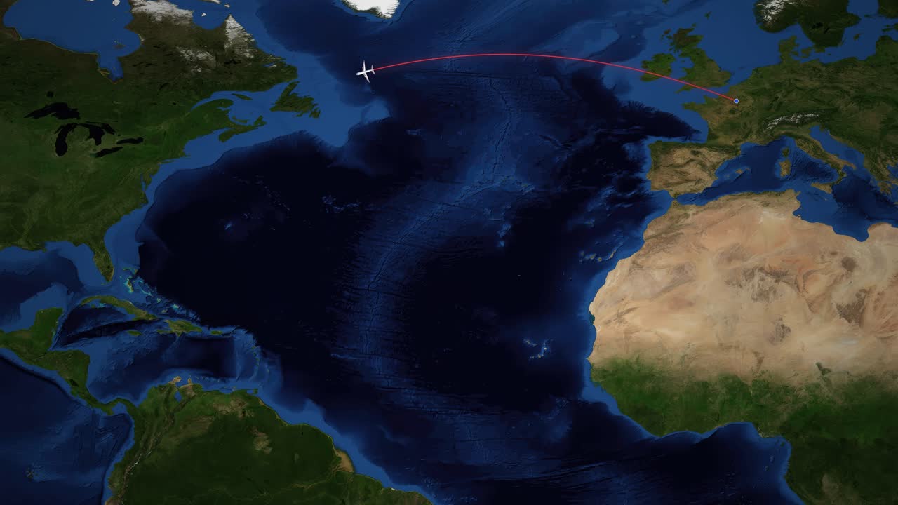 Red line traces airplane flight route across Atlantic Ocean from Paris to New York