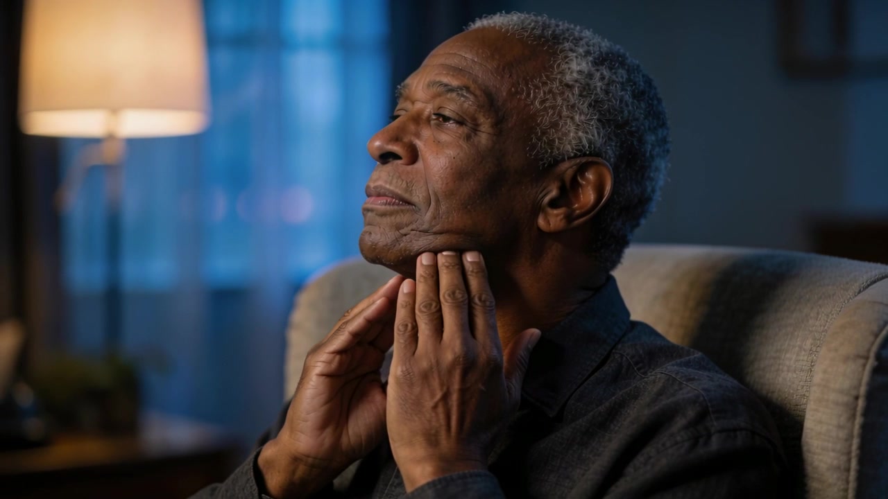 Noticing throat tension, senior man palpating neck in home armchair, wearing dark shirt