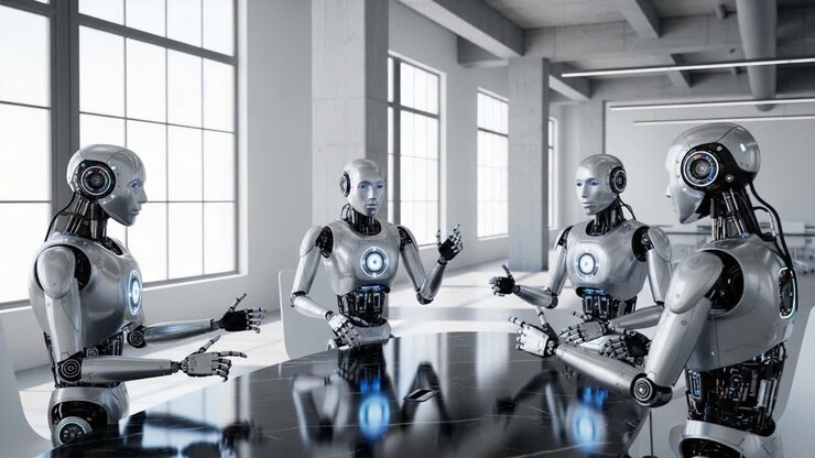 A Futuristic Discussion: Robots Engaging in Dialogue Around a High-Tech Conference Table in a Modern Workspace, Showcasing Advanced AI Interaction and Collaboration