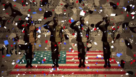 confetti falling over four soldiers figures against american flag