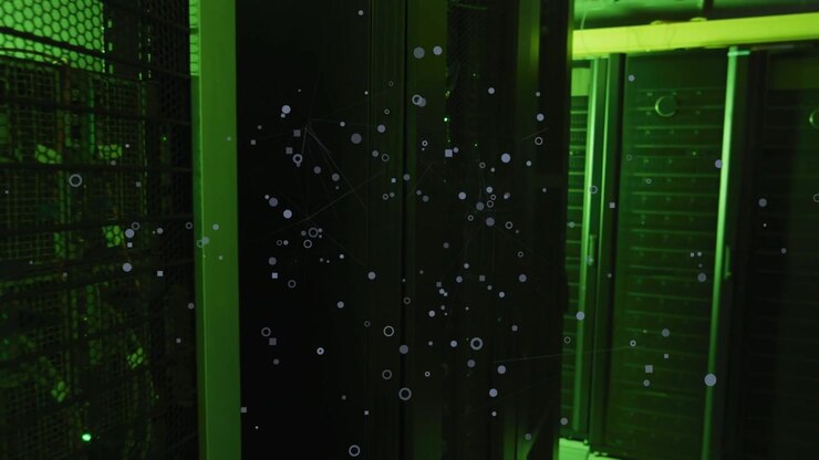 Camera panning right revealing center server cabinet as green dots clustering, showing data flow