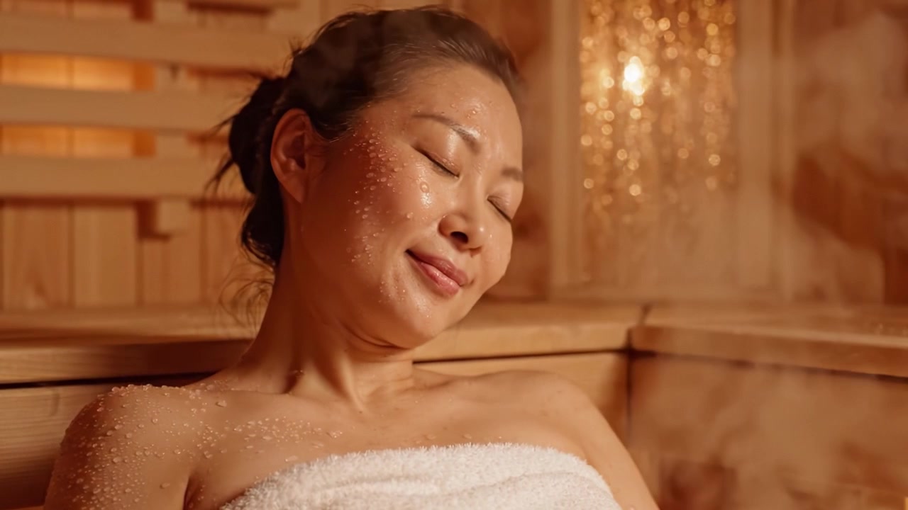 Relax e benessere: Un viaggio attraverso la serenità della sauna con un individuo tranquillo che abbraccia i benefici positivi per la salute del vapore e del calore.
