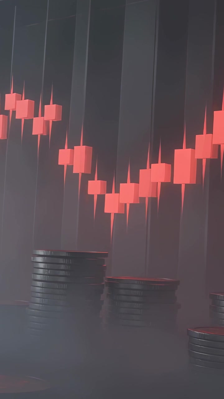 Vertical video: Shifting camera revealing dark coins in 3D studio, showing pulsing red candlesticks