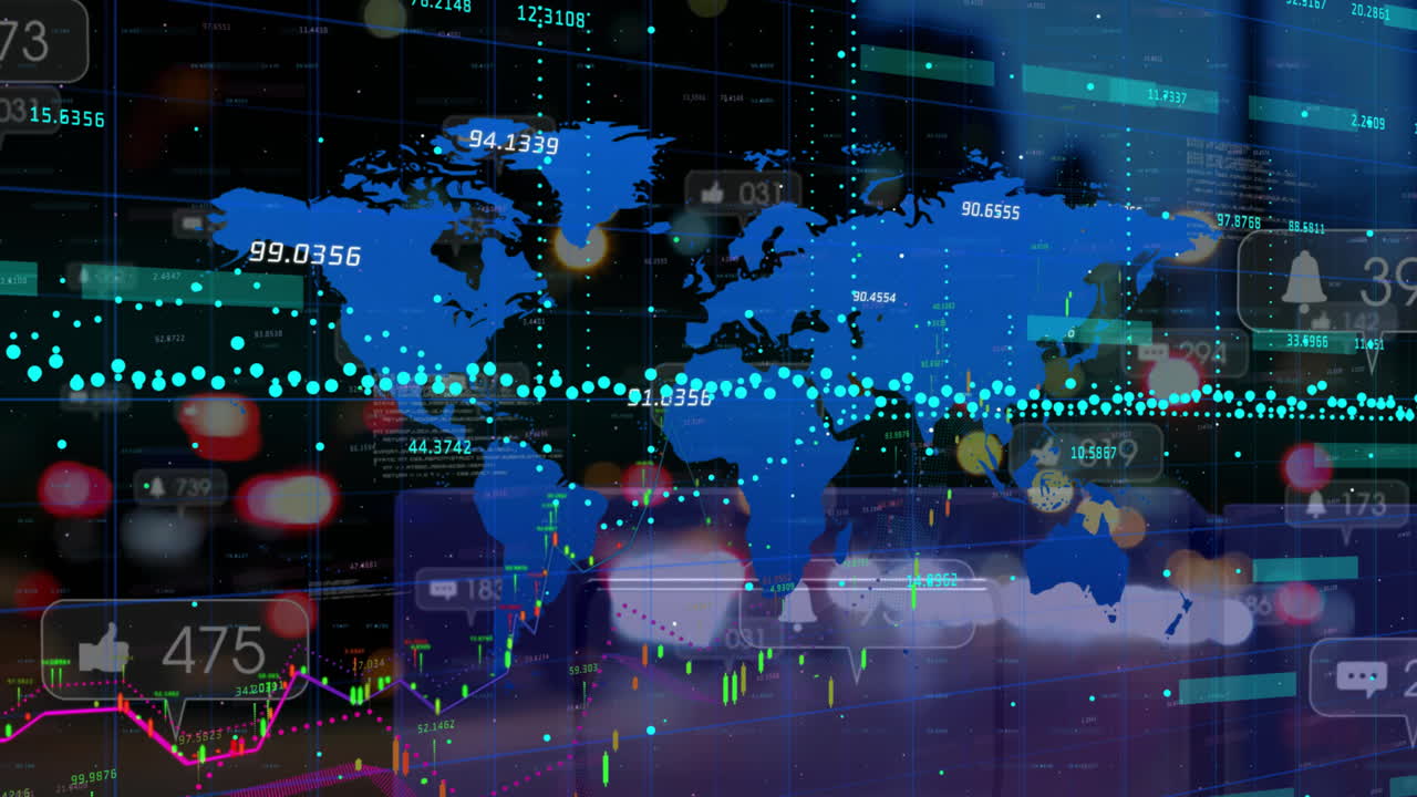 Animation of statistic charts and data processing over continents on pink background