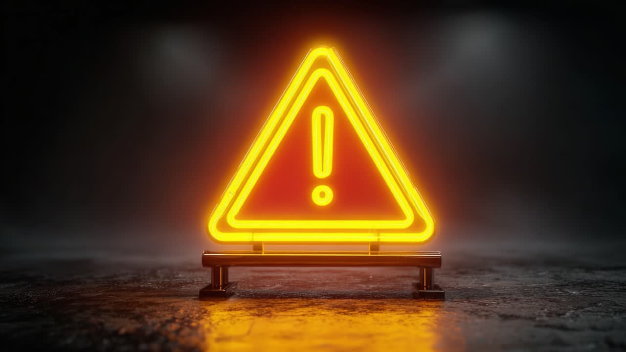 A Brightly Lit Warning Sign: The Transformation from Yellow to Red in Neon, Signifying Caution and Alertness in a Dark Environment