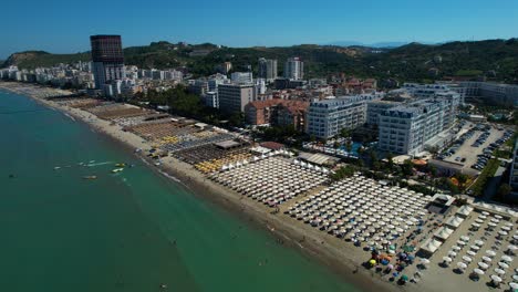 Hotels-and-resorts-for-booking-with-beach-facilities-on-the-Adriatic-Sea,-sandy-shores,-and-pines-in-Durres-Albania-destination