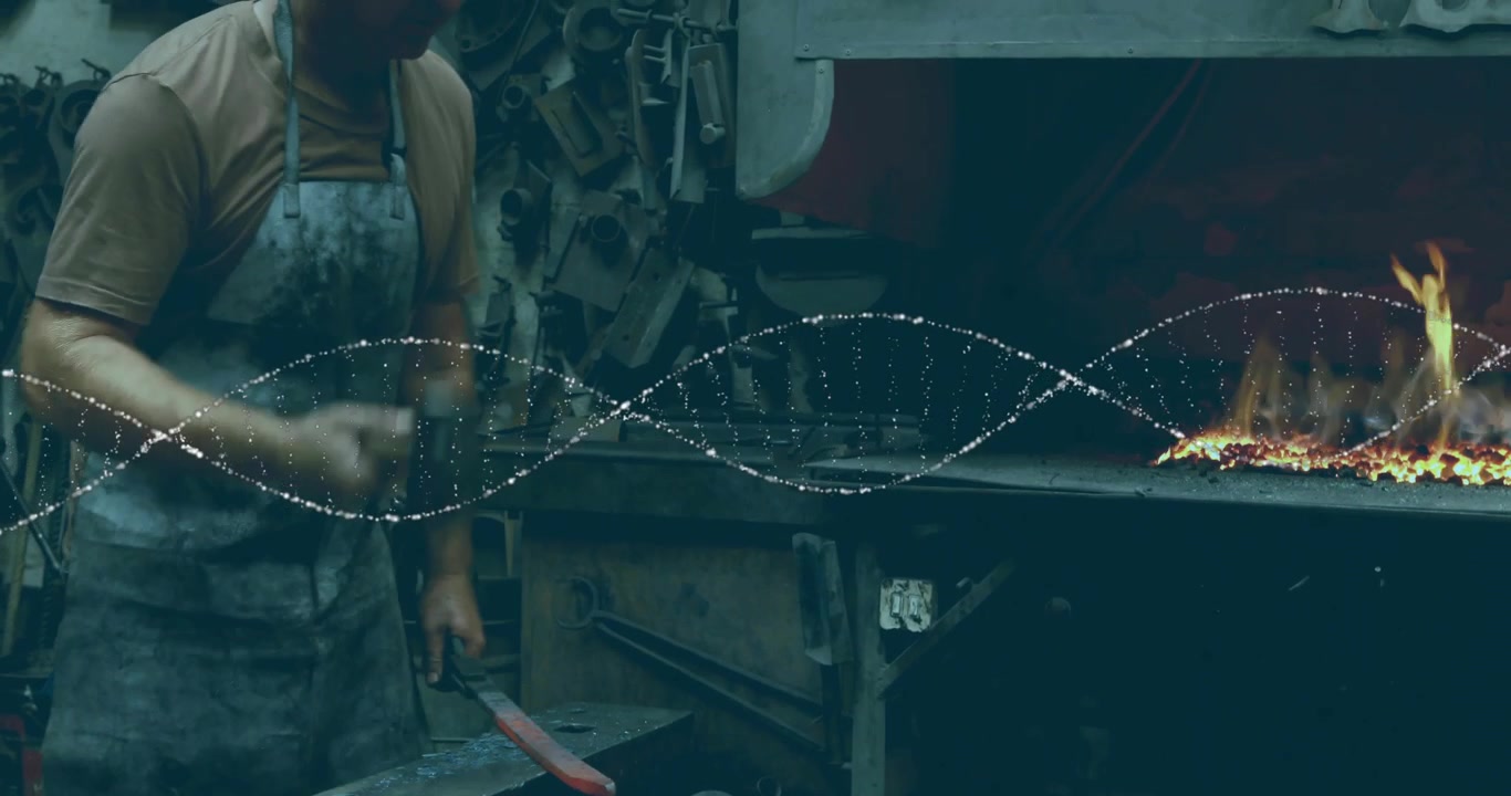 Blacksmith placing hot bar and hammering, shaping metal while dotted wave spanning forge into helix