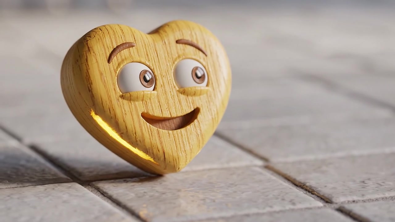 Un allegro personaggio a forma di cuore di legno con un'espressione giocosa si erge su una superficie piastrellata, incarnando gioia e spensieratezza in una deliziosa rappresentazione animata.