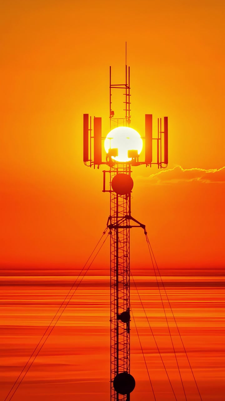 Et filmisk vertikalt skud af et 5G mobilmast silhuet mod en levende orange solnedgangshimmel over havet, der repræsenterer global forbindelse og digital infrastruktur