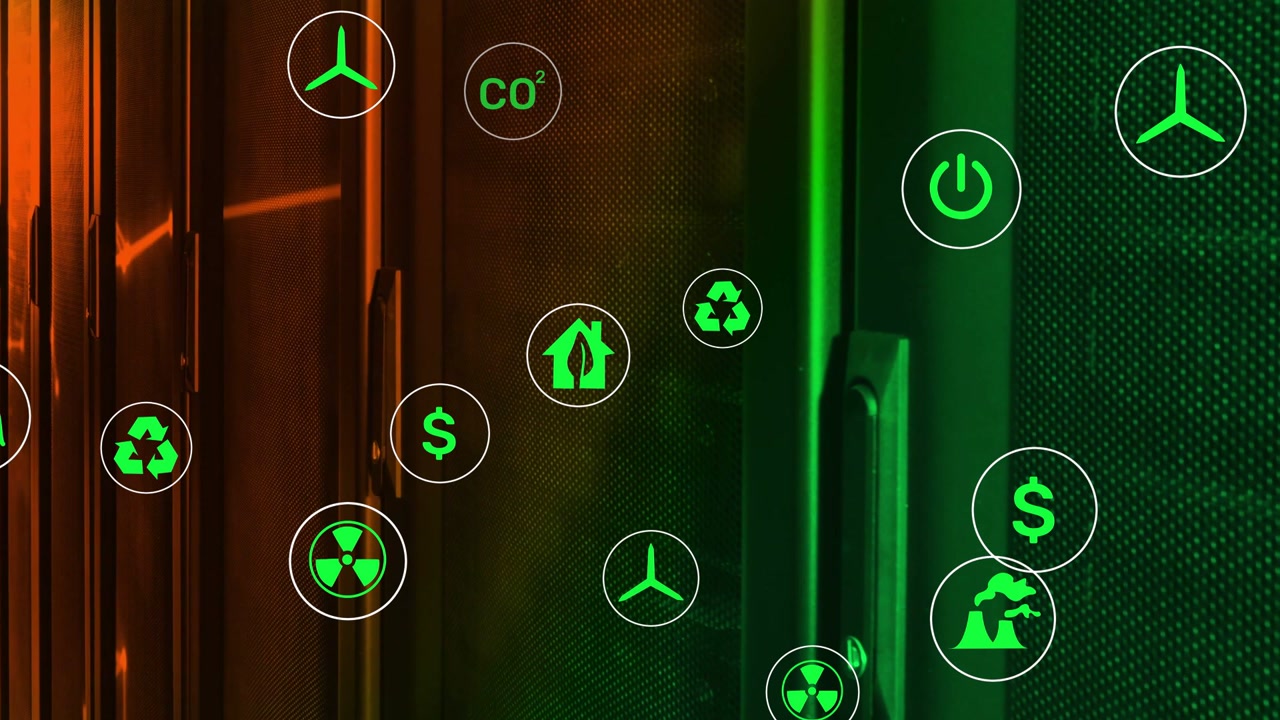 Green icon cluster drifting, pulsing on energy infographic, nodes moving to rail visualizing links