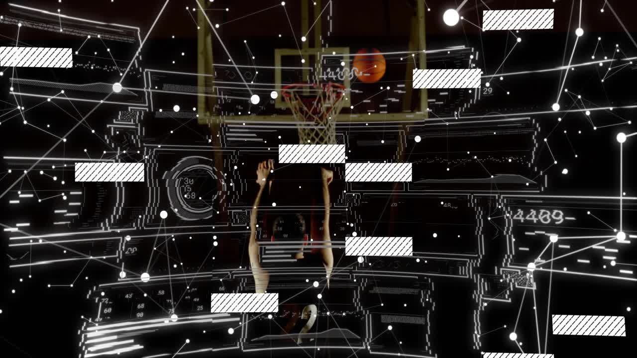 Basketball player shifting weight jumping under backboard tech overlay showing trajectory to score