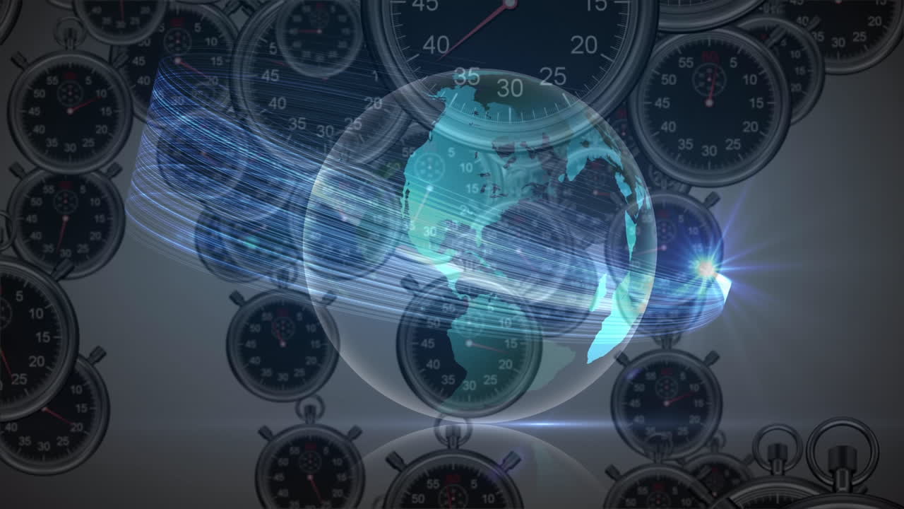 Animation of rotating globe over floating clocks