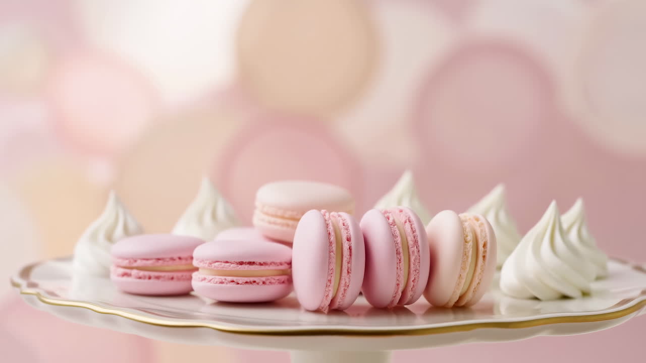 Pink Macarons On Cake Stand, Soft Pastel Bokeh Background, Gold Rim Plate With Delicate Meringues, Studiolit