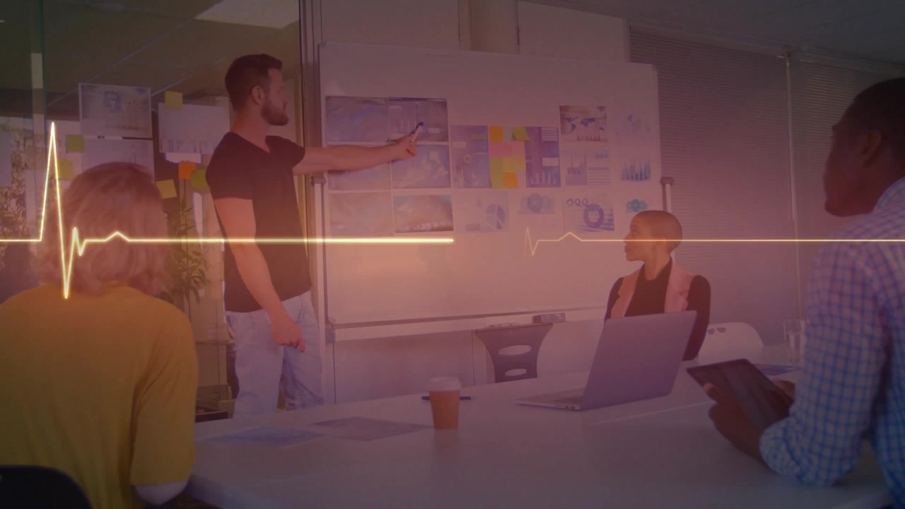 Animation of isoelectric line over diverse business people using laptop in office