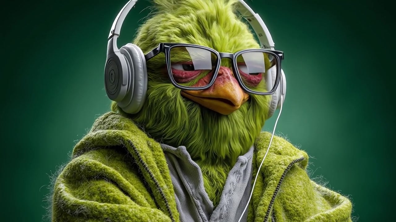 Personaggio uccello verde con cuffie e occhiali da sole, vestito con una tunica con cappuccio, su uno sfondo verde scuro.