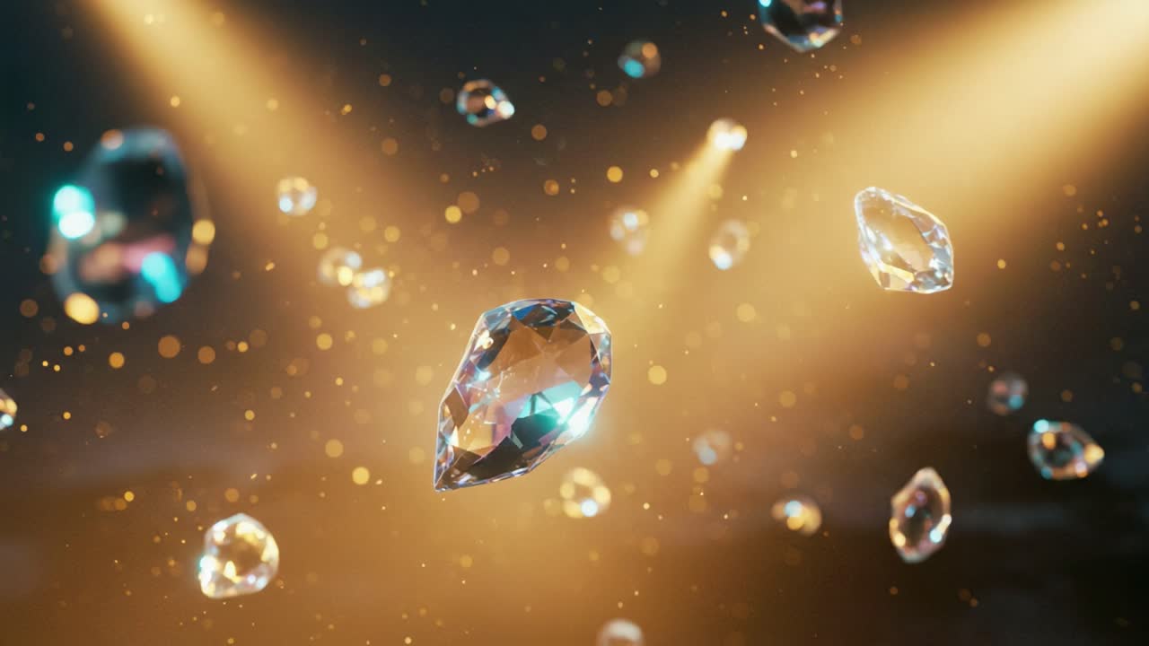 A Mesmerizing Display of Floating Gems Under Shimmering Lights, Capturing the Beauty and Radiance of Crystals in a Dreamlike Atmosphere