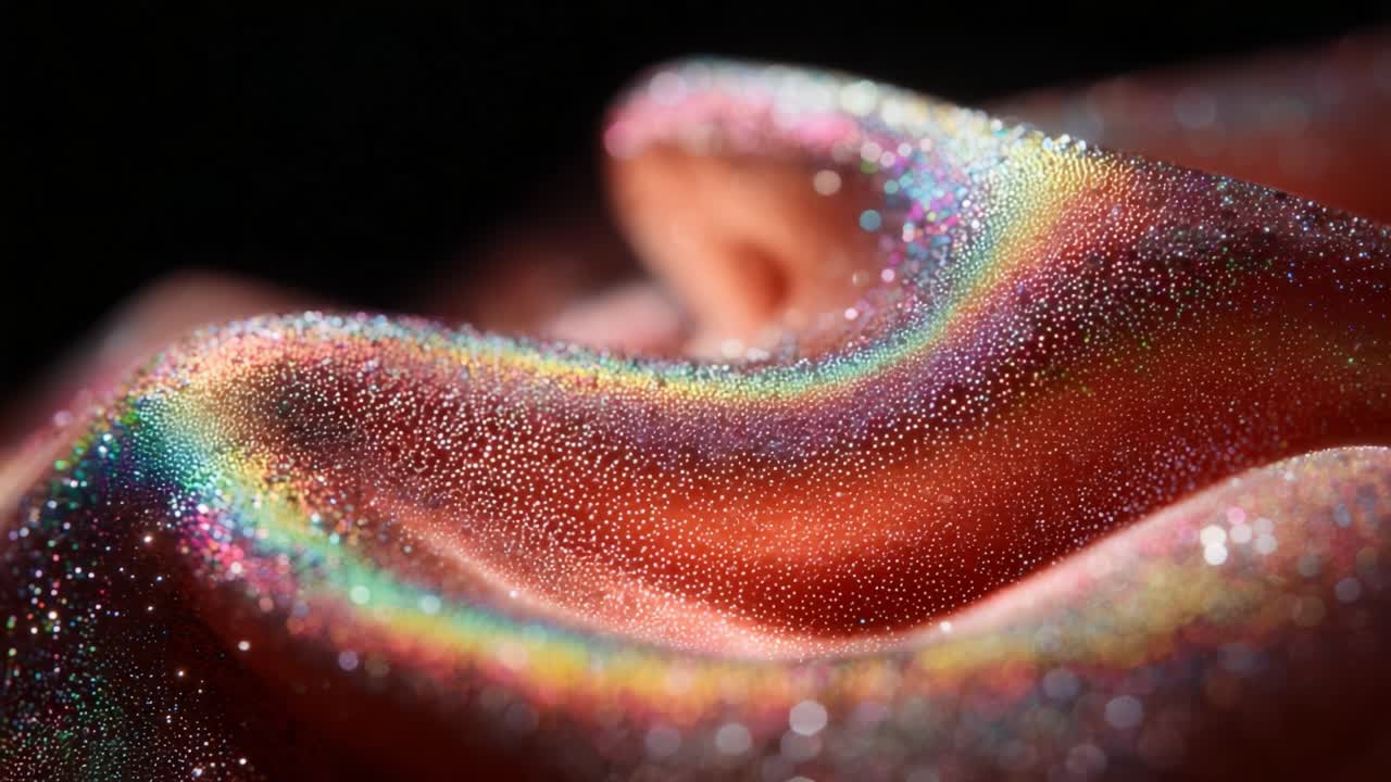 An Intricate Display of Shimmering Textures: Captivating Close-ups of a Curved Satin Fabric Reflecting the Vibrant Spectrum of Light Through Tiny Dewdrops with a Smooth, Flowing Surface