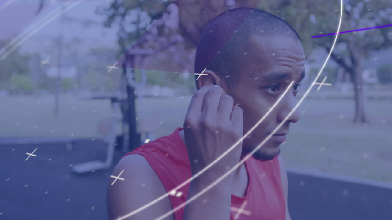 animación del procesamiento de datos de alcance circular sobre un atleta masculino que usa auriculares inalámbricos al aire libre