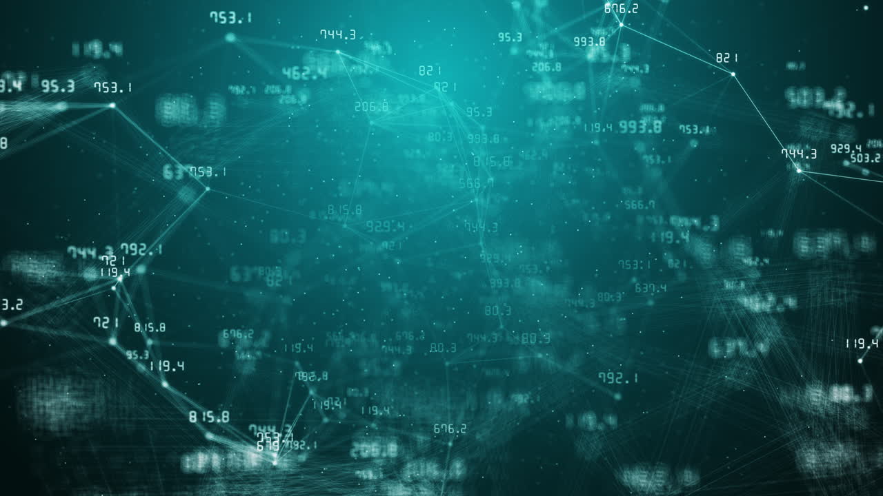 Numbers and plexus lines on a blue abstract background. Financial indicators that change chaotically. Connected dots and small particles. Looped business animation.