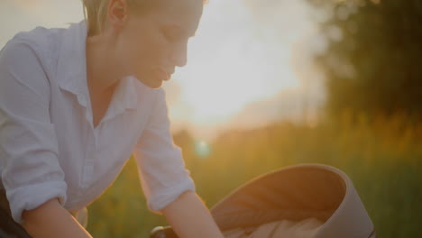 mother soothes baby in stroller at sunset