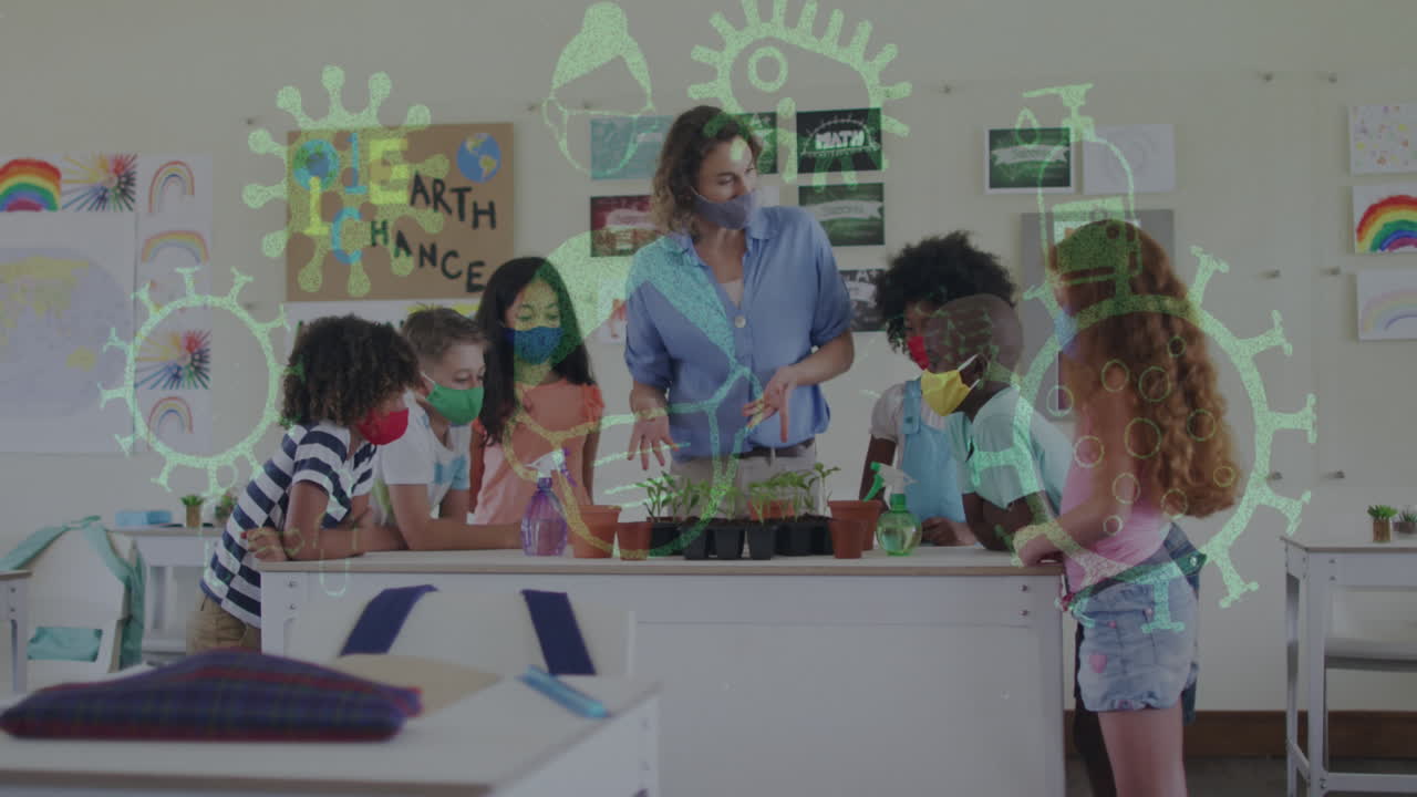 el concepto de covid-19 se enseña en la clase de biología con iconos y plantas relacionadas.