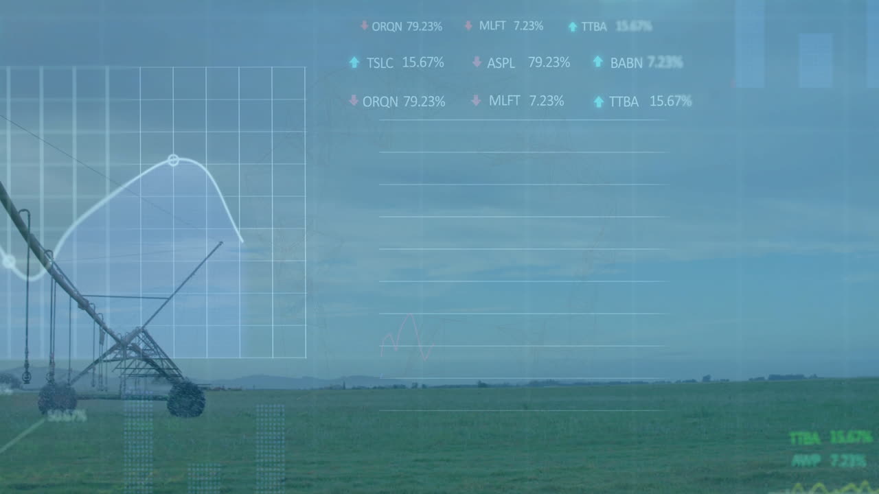 현장에서의 농업 관개 시스템에 대한 금융 데이터 및 주식 시장 애니메이션