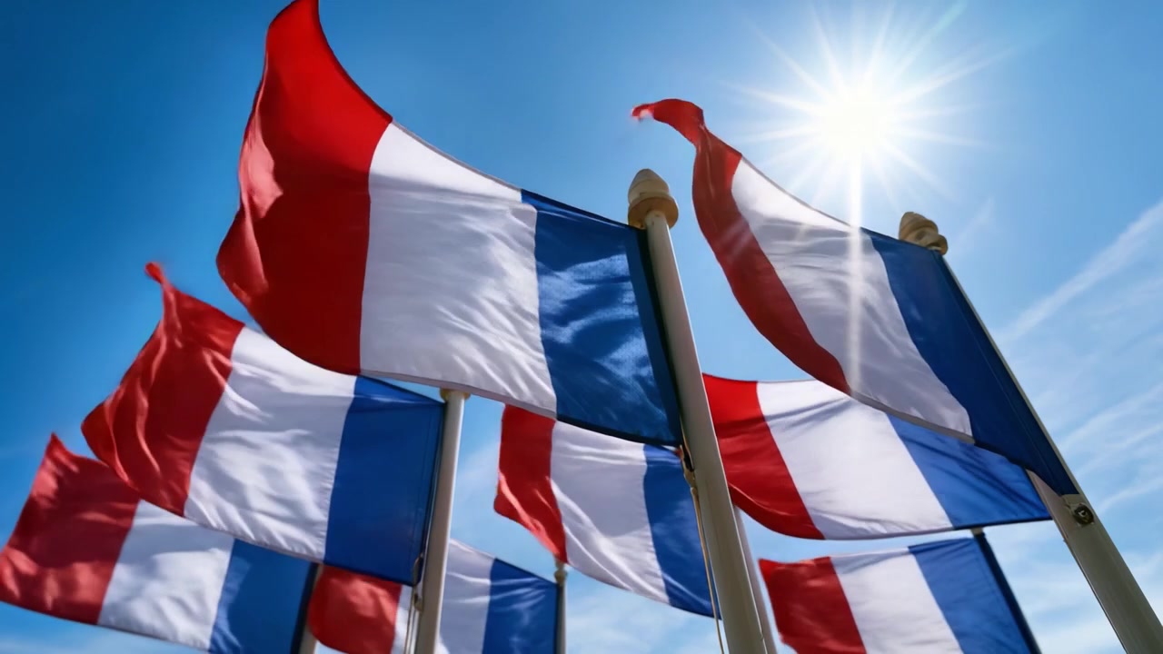A Vibrant Display of Colorful Flags Fluttering Under a Bright Blue Sky, Capturing the Essence of National Pride and Celebratory Spirit