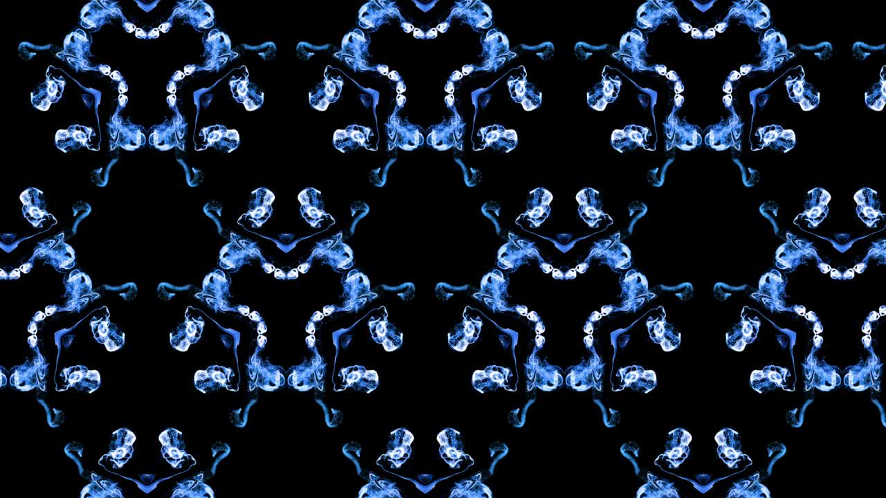 Abstract pattern of glow particles in motion. Blue ink kaleidoscopic effect of glow particles on black background with luma matte as alpha channel. Flow advection like ink effect.
