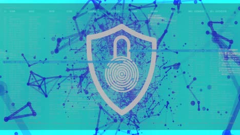 Animation-of-digital-shield-with-padlock-over-connections-on-blue-background