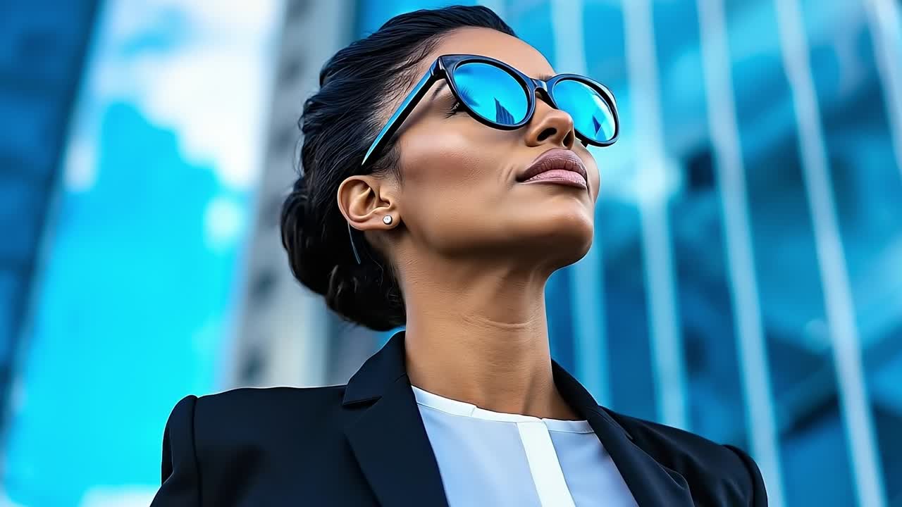 A woman in a suit and sunglasses looking up at the sky