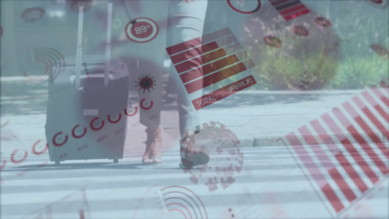 Animation of covid 19 cell and statistics recording over woman walking with suitcase
