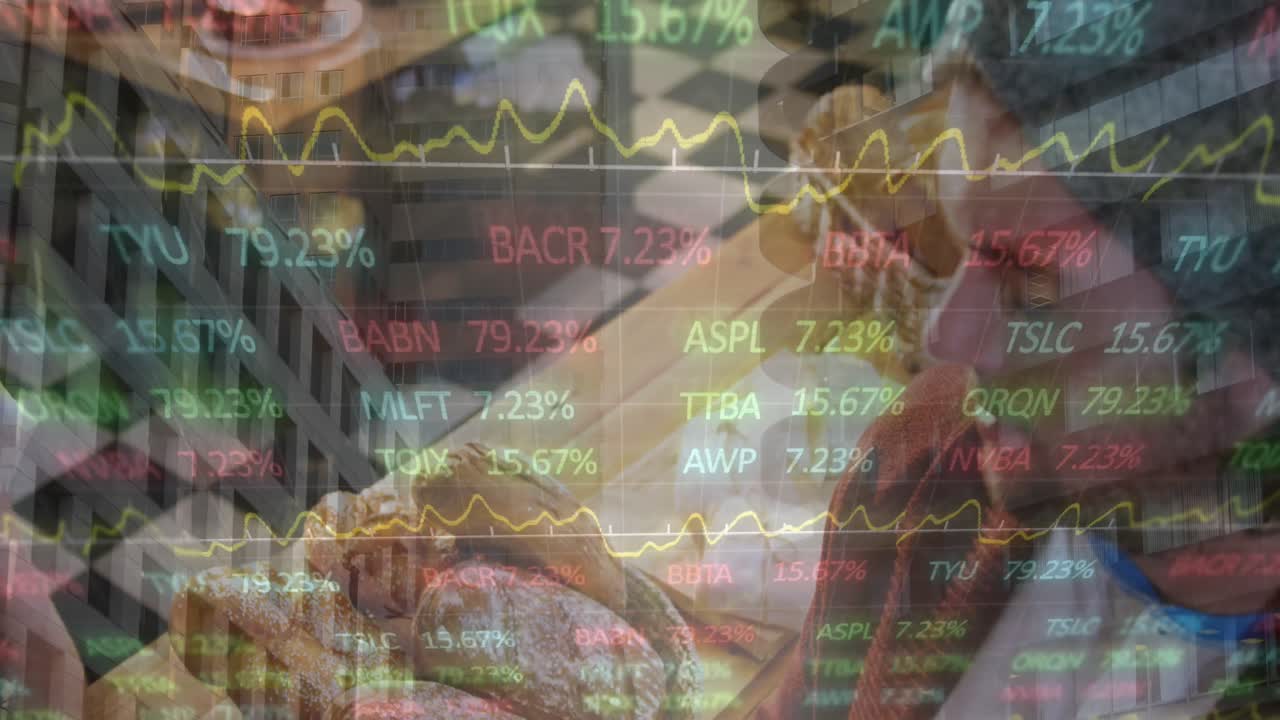 анимация обработки финансовых данных над кавказцами в пекарне.