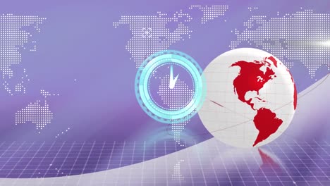 Animation-of-neon-ticking-clock-over-spinning-globe-and-world-map-against-purple-background