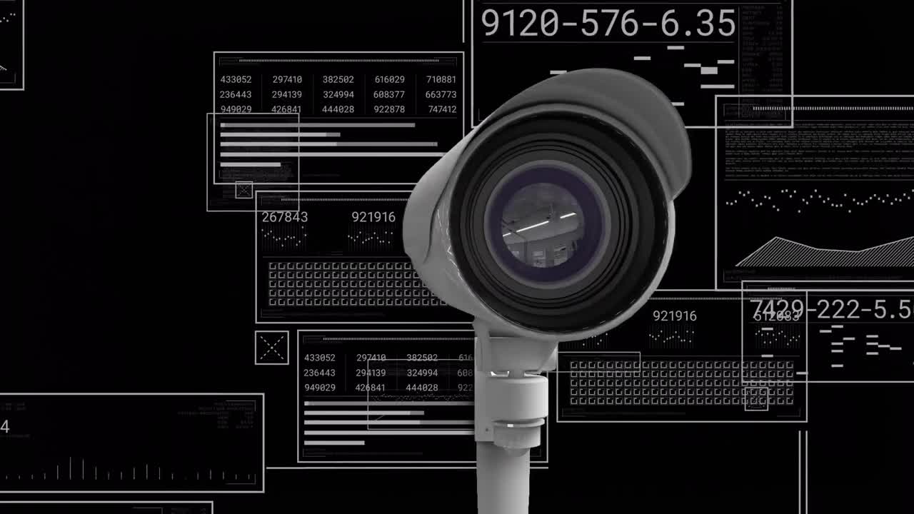 animación de procesamiento de datos y cámara de seguridad sobre fondo negro