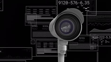 animation of data processing and security camera on black background