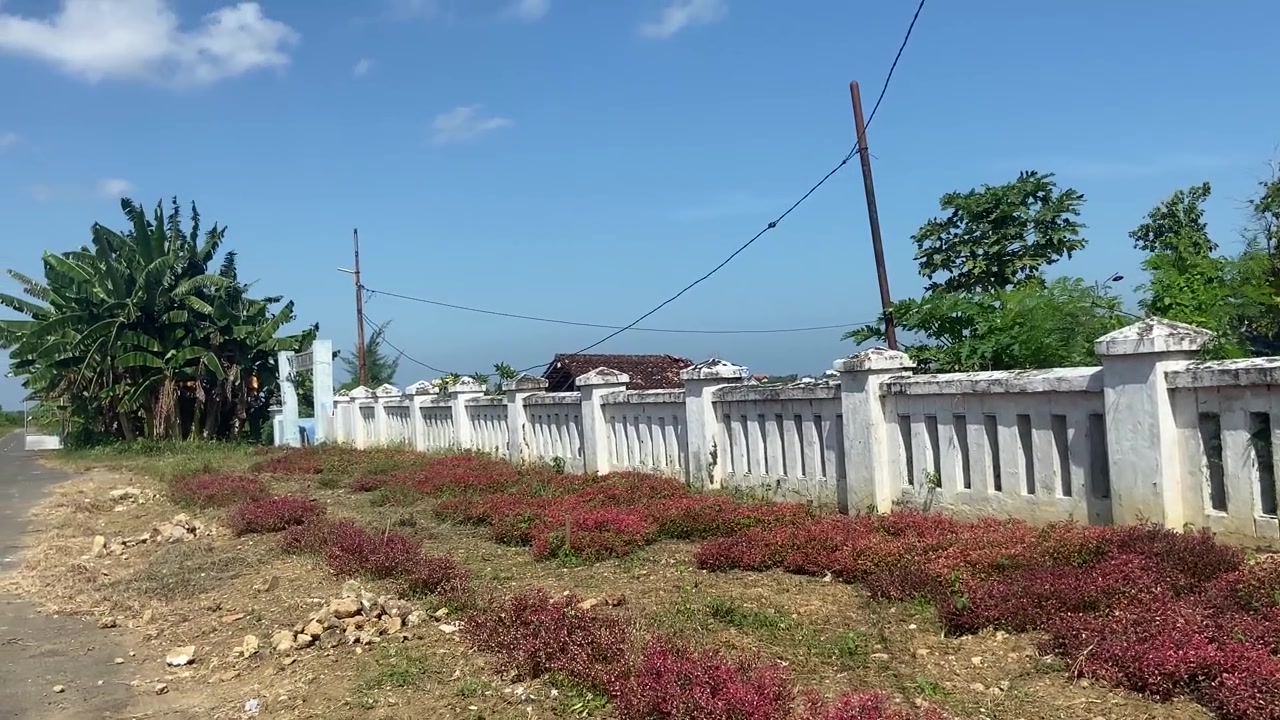 Pagar Beton Putih Panjang dengan Penutup Tanah Merah pada Hari yang Cerah