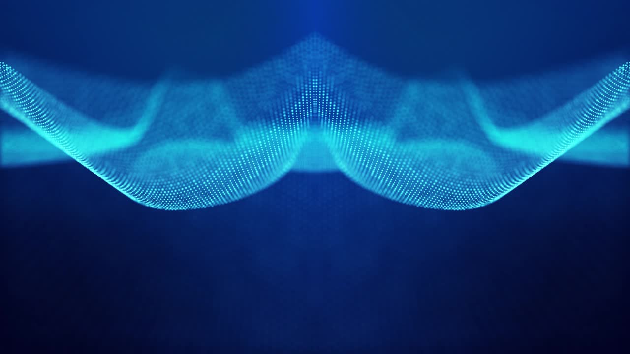 Sci-fi abstract theme with particle mirror waves. 4k looped abstract blue background of glow particles form curved lines, surfaces simmetrical structures. Digital bg with particle hologram.