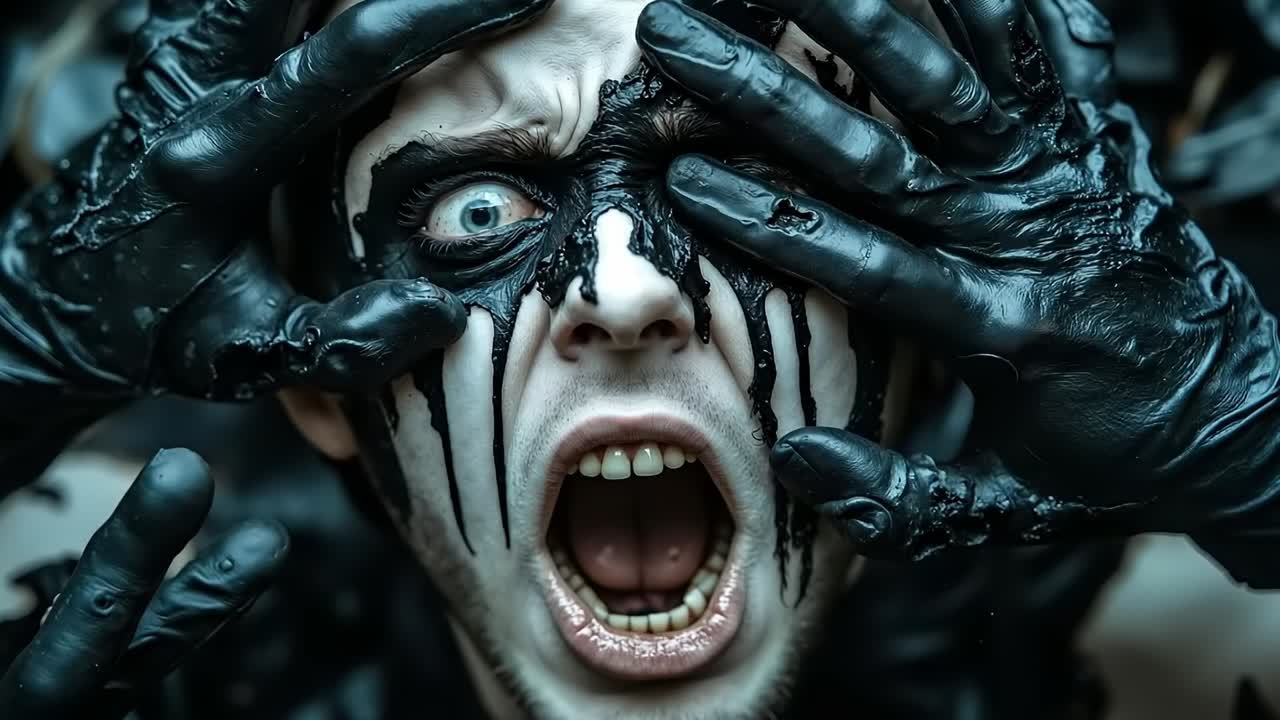 A man with black paint on his face and hands covering his face