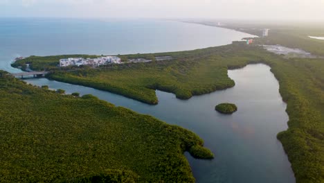 Aerial-over-landscape-of-Punta-Nizuc-bridge-in-Cancun-Mexico