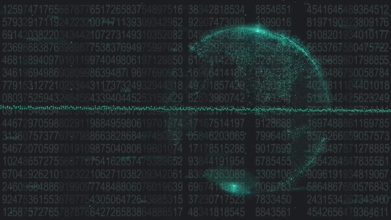 Digital composite video of globe spinning against data processing in background
