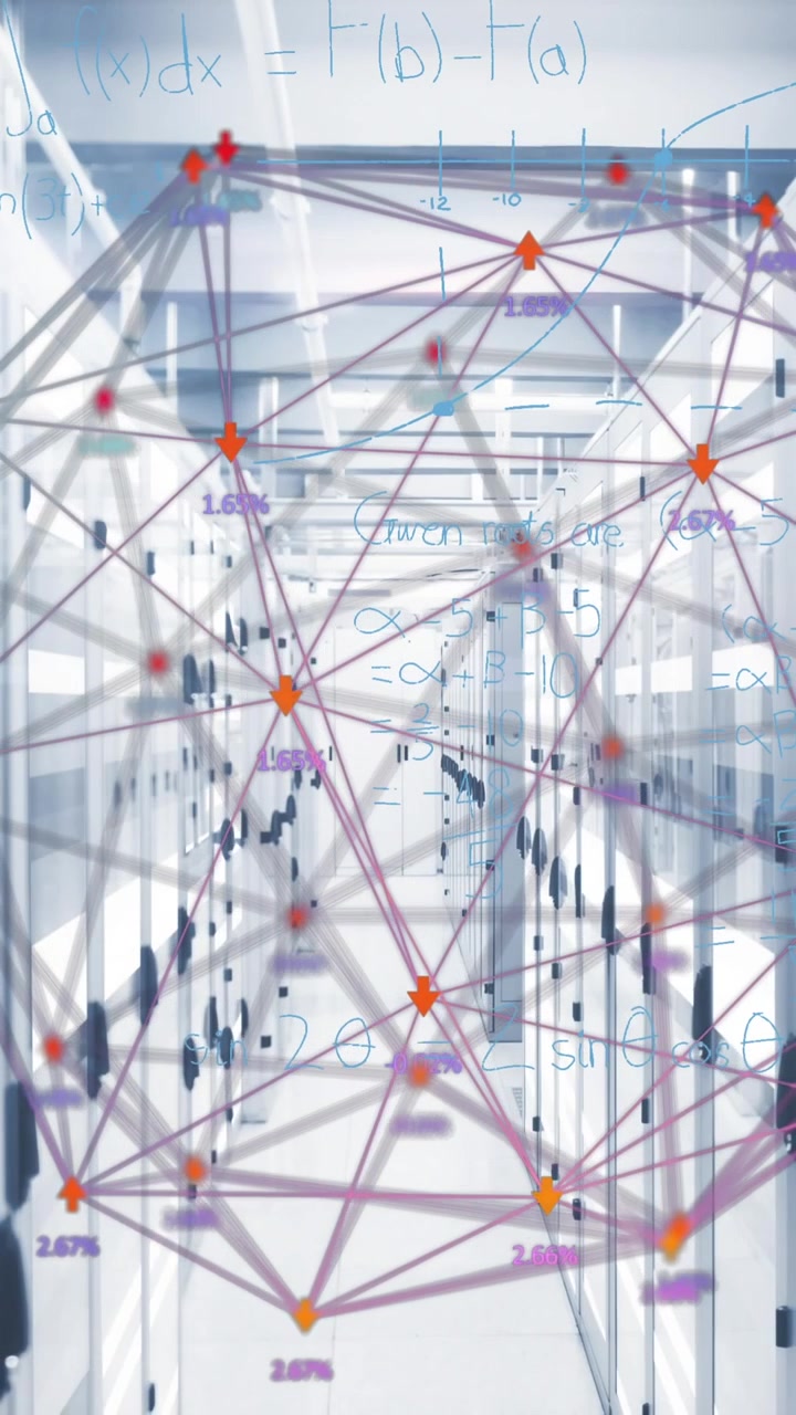 Animation of globe with connections and data processing over computer servers